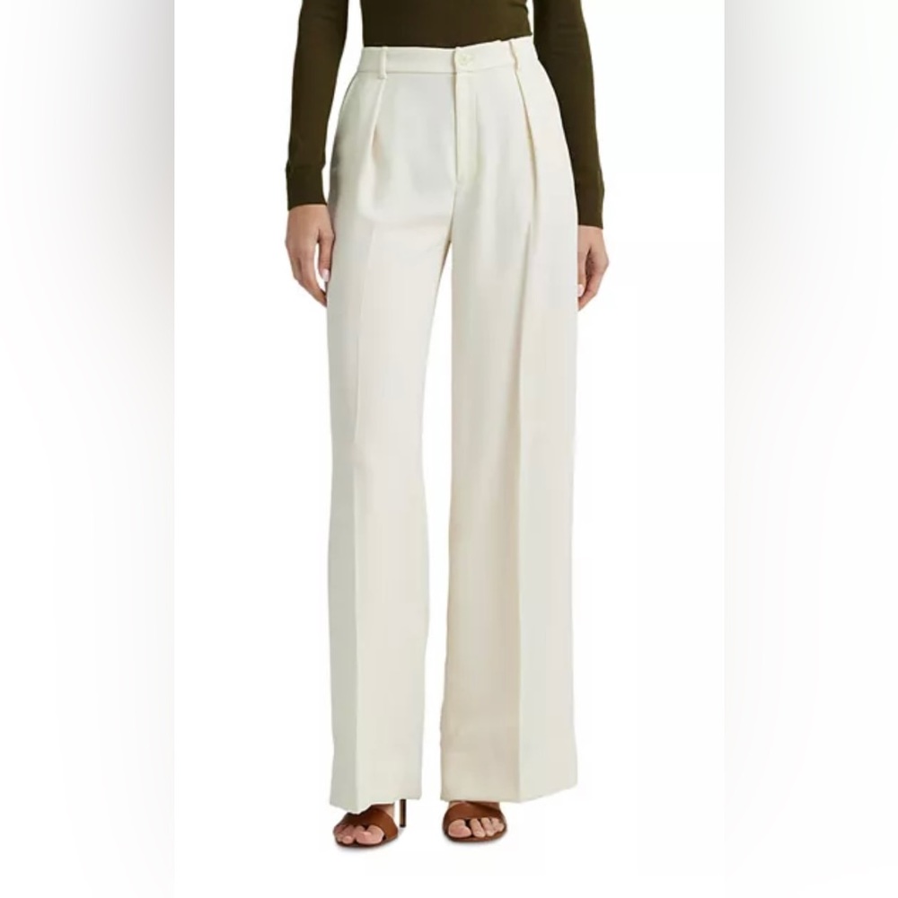 Lauren Ralph Lauren-Lined Winter Cream Pleated High Rise Wide Leg Pants-Size 14W